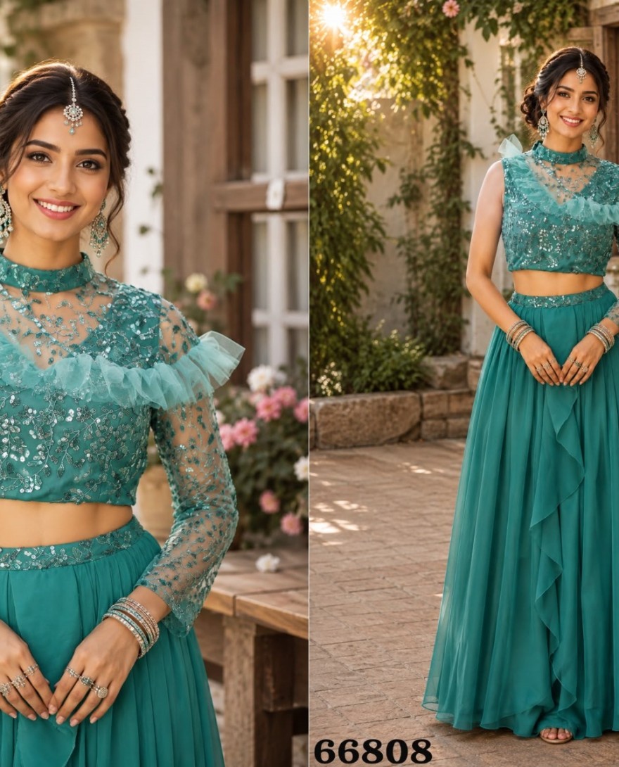 TURQUISE - Turquoise Georgette Embroidered Work Lehenga Choli